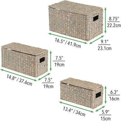 mDesign Woven Water Hyacinth Rectangle Storage Organizer Basket Bin with Topper Lid and Handles - Natural Farmhouse Holder Containers for Closet, Bedroom, Bathroom, Office - Set of 3 - Gray