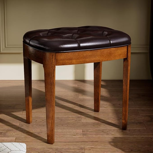 MODERION Vanity Stool Bench with Upholstered, Modern Luxury Wood Stool ,Ottoman Shoe Bench for Living Room, Vanity, Entryway, 19.3"L x 14.9"W x 19.3"H Easy Assembly, Beeswax Leg & Dark Brown FD-HNY-DB