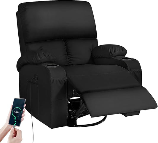 LEVELEVE Rocking Recliner Chair, Massage Rocker Recliner Chair with Vibration Massage and Heat, USB and Type-C Ports,360° Swivel Faux Leather Chairs, Living Room, Bedroom, Nursery, RV, Black