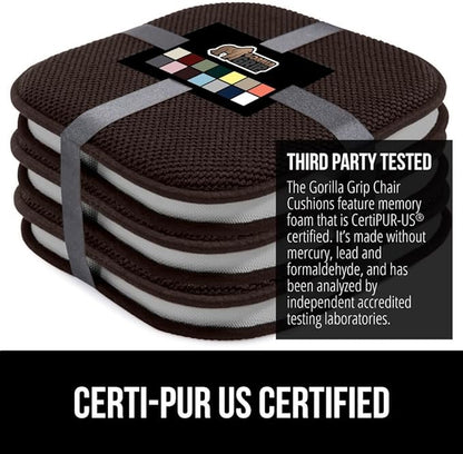 GORILLA GRIP Slip Resistant Chair Cushions, No Ties Required, Memory Foam Pads for Dining Room, Kitchen Table, Office, Rocking Chairs, Plush Seat Cover Cushion Pad, Home Decor, Set of 4, 16x16, Brown