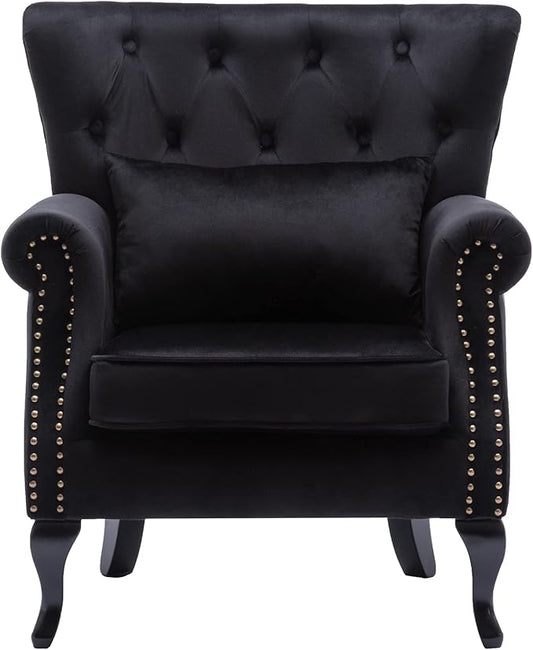 chairus Mid-Century Modern Accent Chair Comfy Tufted Single Sofa Chair Wingback Armchair with Pillow for Club, Living Room, Bedroom - Velvet, Black