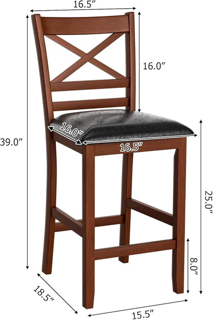 COSTWAY Barstools Set of 2, 25” Counter Height Mid Century Modern Island Chairs with Back, Soft Cushion & Faux Leather Seat, Wooden Armless Kitchen Stools for Home, Cafe Shop, Restaurant, Pub
