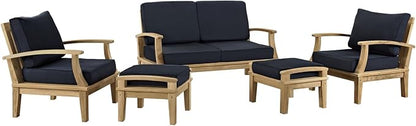 Modway Marina Premium Grade A Teak Wood 5-Piece Outdoor Patio Furniture Set in Natural Navy