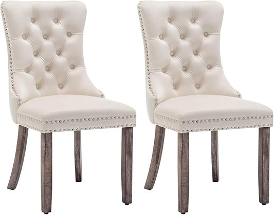 Velvet Dining Chairs Set of 2, Tufted Dining Room Chairs with Nailhead Ring Pull Trim, Upholstered Dining Chairs with Solid Wood Legs for Kitchen Dining Room (Beige)