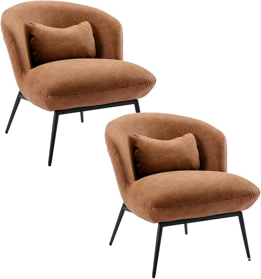 HEAH-YO Modern Accent Chairs Set of 2, Living Room Chairs with Barrel Backrests, Upholstered PU Faux Leather Armless Chairs for Bedroom, Brown