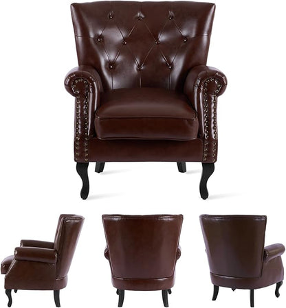 MOJAY PU Leather Accent Chair Set of 2, Mid-Century Modern Armchair Living Room Club Chair with Tufted Button & Rivet Trim, Upholstered Sofa Chair with Sturdy Wood Legs for Bedroom (Reddish Brown)