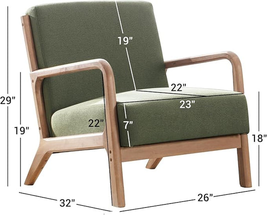 ANJ ANJHOME Mid Century Modern Accent Chair, Comfy Fabric Reading Chair with Solid Wood Frame, Easy Assembly Armchair for Living Room Blackish Green