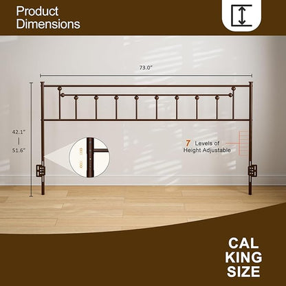 Metal California King Size Headboard - Adjustable Height - Victorian Farmhouse Style, Easy Assembly, Attach Frame, Steel Cal King Headboard Only for Bedroom, Brown
