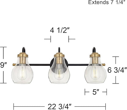 Possini Euro Design Brade Industrial Modern Wall Light Black Gold Hardwired 22 3/4" 3-Light Fixture Clear Glass Shades for Bedroom Bathroom Vanity Reading Living Room Hallway House Home Decor