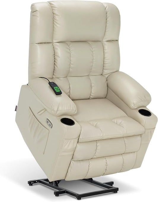 MCombo Dual Motor Large Power Lift Recliner Chair for Elderly, Lay Flat Lift Chair with Heat and Massage, Big Lift Recliner for Tall People, Faux Leather 7896 (Cream White, Large)