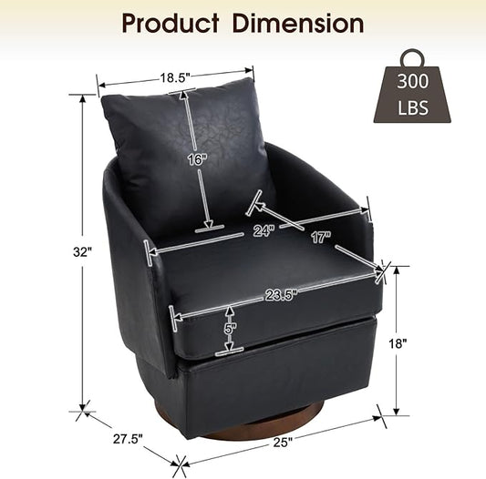 CIMOTA PU Leather Swivel Accent Chairs Set of 2, Modern Barrel Armchairs with 360° Swivel Base and Pillow, Upholstered Club Chairs for Living Room/Reading/Office, Black