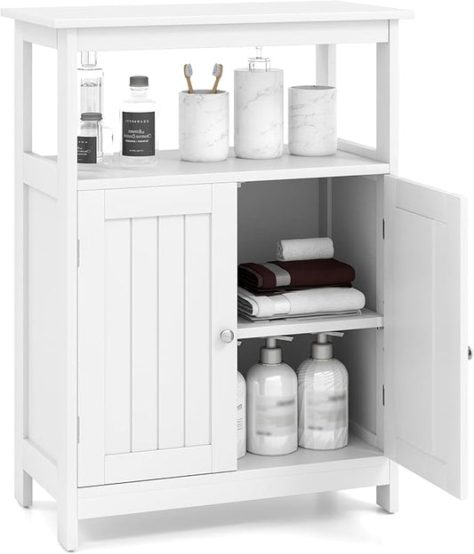 COSTWAY Bathroom Floor Storage Cabinet, Modern Wooden Freestanding Storage Organizer with 2 Doors, 3-Level Adjustable Shelf, for Entryway, Living Room, Kitchen (White)