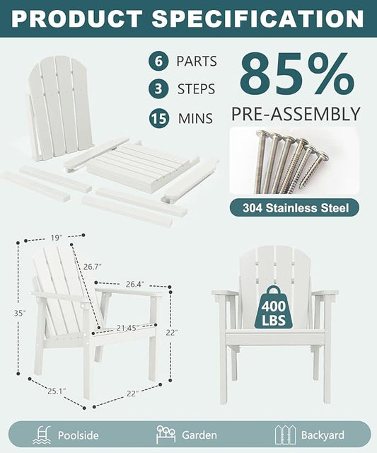 Adirondack Chair Set of 6, All Weather HDPE Fire Pit Chairs, Oversized Plastic Adirondack Chair for Outdoor, Balcony, Deck, Backyard, Patio, Garden, Poolside, Lawn White