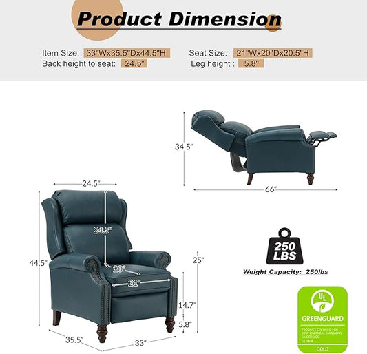 HULALA HOME Genuine Leather Recliner Chair, Traditional Manual Pushback Comfy Seating for Living Room, Thick Cushion & Solid Wood Legs, Wingback Recliner with Nailhead Trim, Turquoise-S2