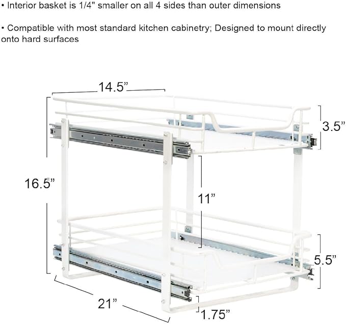 Household Essentials Glidez Multipurpose Paint-Finished Steel Pull-Out/Slide-Out Storage Organizer for Under Cabinet Use - 2-Tier Design - Fits Standard Size Cabinet or Shelf, White