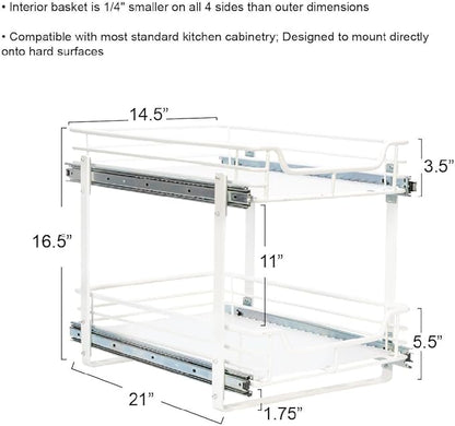 Household Essentials Glidez Multipurpose Paint-Finished Steel Pull-Out/Slide-Out Storage Organizer for Under Cabinet Use - 2-Tier Design - Fits Standard Size Cabinet or Shelf, White