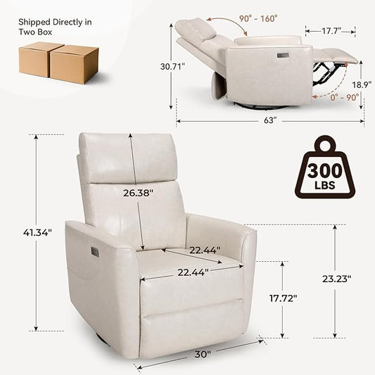 Himimi Power Massage Recliner Chair, Oversized Swivel Rocker Chair with Vibration Massage and Heat, Glider Recliner for Adults, USB Charging, Side Pocket, Nursery, Living Room, Bedroom (Ivory)