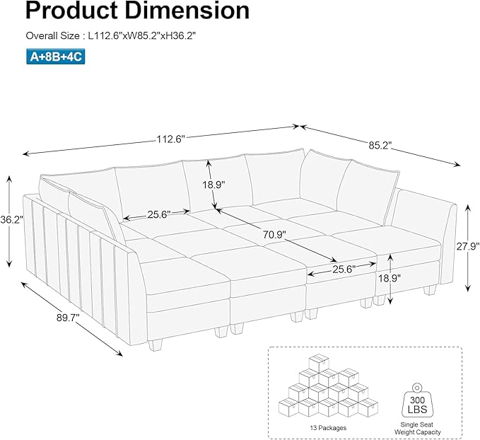 Belffin Oversized Modular Sectional Sofa Sleeper Sectional Couch with Storage Chenille Sofa Bed for Living Room, 12 Seats, Light Grey