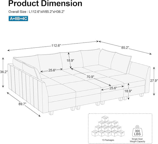 Belffin Oversized Modular Sectional Sofa Sleeper Sectional Couch with Storage Chenille Sofa Bed for Living Room, 12 Seats, Light Grey