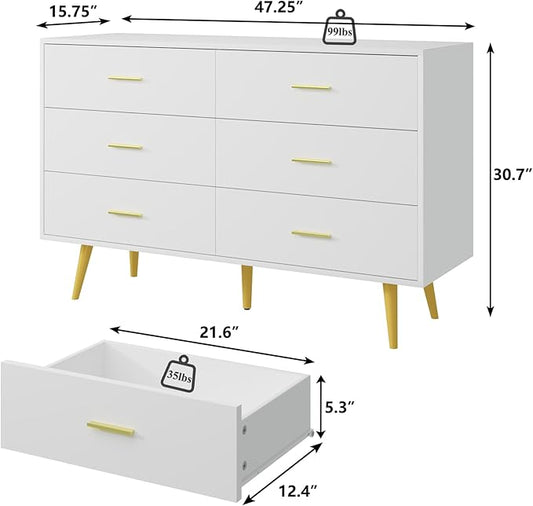White Dresser for Bedroom with Gold Handles, 6 Drawer Wood Dresser Modern Chest of Organizer Storage Drawers for Hallway, Living Room, TV Stand