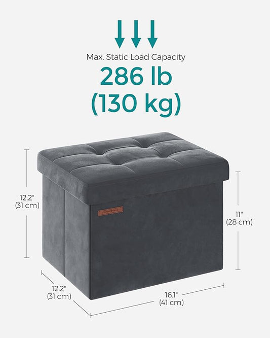SONGMICS Storage Ottoman, Foldable Small Ottoman Foot Rest, 12.2 x 16.1 Inches Foot Stool, Load up to 286 lb, for Living Room, Bedroom, Dorm, Slate Gray ULSF200G01