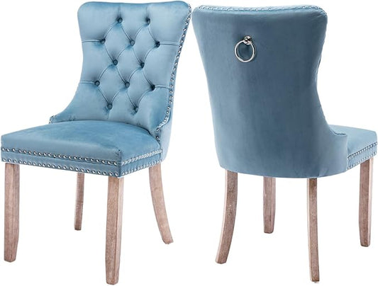 Velvet Upholstered Dining Chairs Set of 2, Modern Style Kitchen Side Chairs with Nailhead Trim and Wood Legs,Metal Pulling Ring for Dining Room Living Room(Sky Blue,Set of 2)