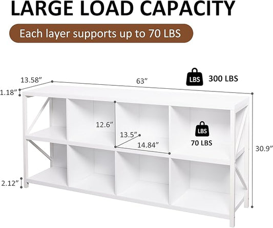 8 Cube Storage Organizer Bookshelf, Industrial Horizontal Bookcase, Accent Cubby Shelf, Media Console Table for Living Room, Home Office, 13.6" D x 63" W x 30.9" H, White