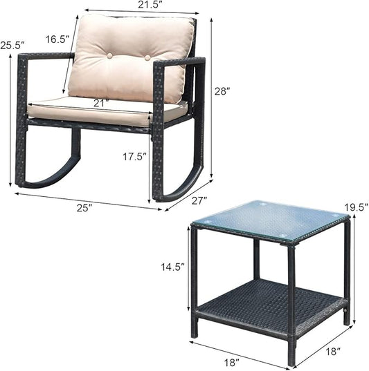 COSTWAY 3 Pieces Patio Rattan Rocking Chair Set, Outdoor Conversation Furniture Sets with Coffee Table, Storage Shelf and Cushions, Modern Bistro Set for Porch, Backyard, Garden, Beige