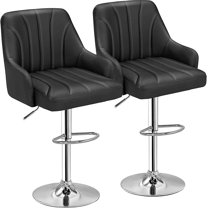 VECELO Bar Stools Set of 2, Adjustable Barstools, Counter Height Stools with Back and Arm, Kitchen Island Stools, Swivel PU Chairs for Pub, Dining Room, Modern Style, Black