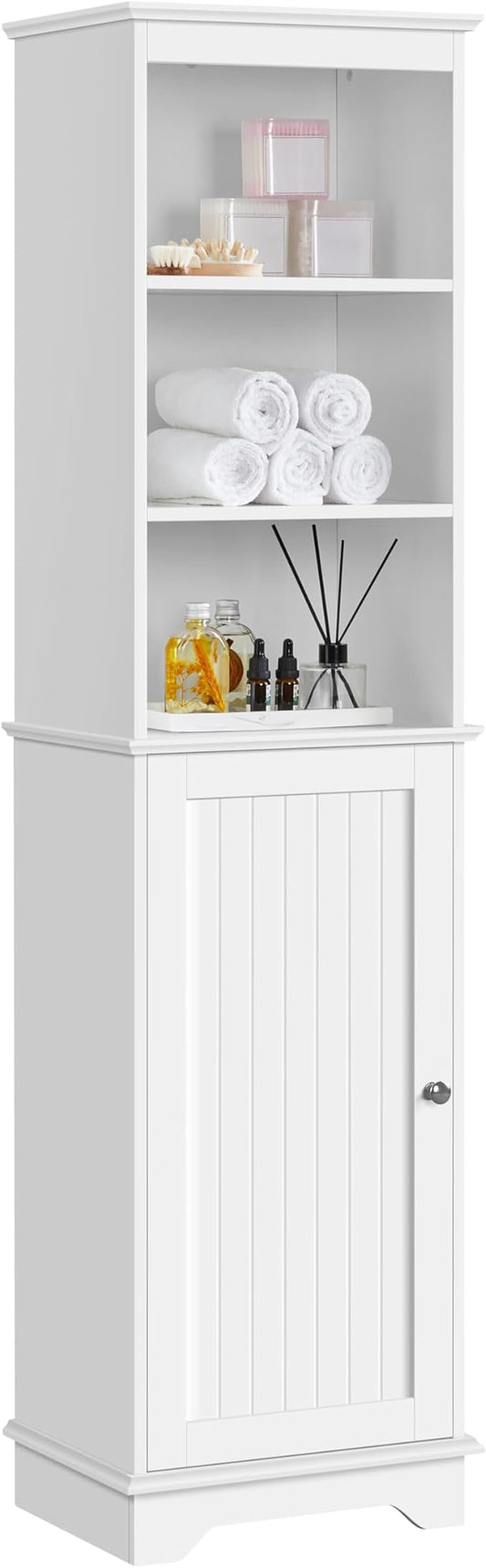 Yaheetech Tall Slim Storage Cabinet with 3 Shelves & Door, Freestanding Linen Cabinet for Bathroom, Living Room, Entryway, 16 x 12 x 60.5 Inches, White