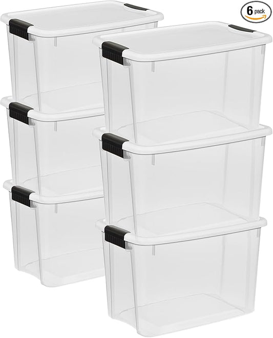 Sterilite 6-Pack Ultra Latching Box, Storage Bins with Lids, Clear Plastic, 30 Quart - Heavy-Duty Organizing Containers for Closet, Bathroom, and Office