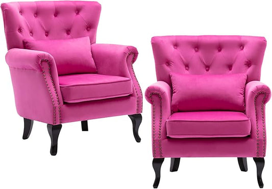 chairus Mid-Century Modern Accent Chairs Set of 2, Comfy Tufted Single Sofa Chair Wingback Armchair with Pillow for Club, Living Room, Bedroom - Velvet, Rose