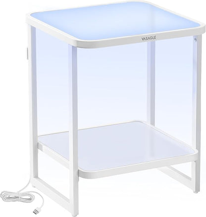 VASAGLE End Table, 2-Tier Side Table with LED Lights, Modern Nightstand, Square Bedside Table, Frosted Glass, Bottom Shelf, for Bedroom, Cloud White and Pearl White ULET232W01