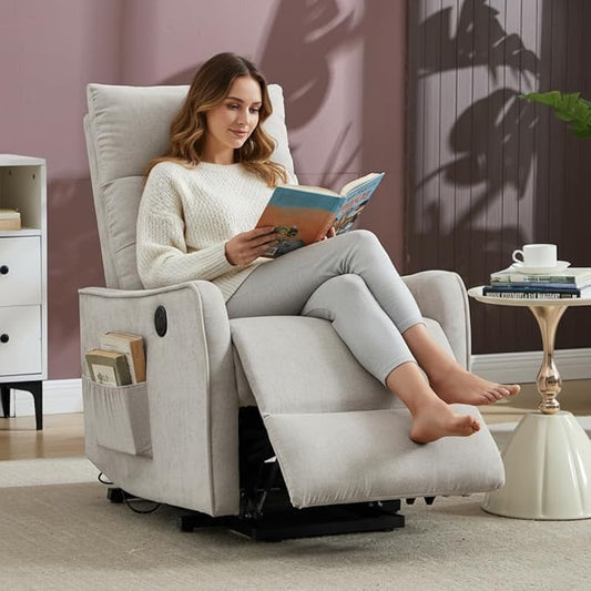 PELUMY Manual Lift Recliner Chair with Massage and Heat for Elderly, Single Motor Electric Lift Chair, Heavy Duty Recliner with USB Charging & Side Pockets (Chenille, Beige)