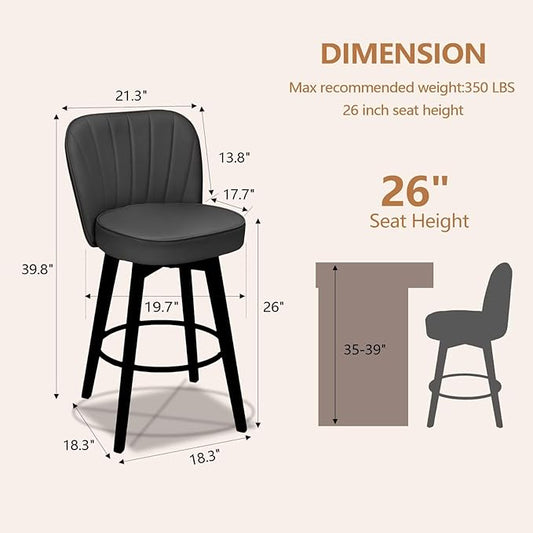 MINCETA Bar Stools Set of 2, PU Leather Barstools, 26 Inch Upholstered Counter Stools with Backrest and Footrest, Swivel Counter Height Barstools for Kitchen Island Home Bar Dark Gray