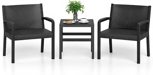 COSTWAY 3 Piece Patio Furniture Set, Outdoor PP Rattan Wicker Furniture Set with 2 Modern Rattan Armchair and 25” Squire Side Table for Patio, Garden, Poolside, Bistro, Black