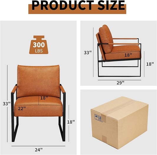 CANMOV Modern Accent Chair Set of 2, PU Leather Armchair with Metal Frame,Comfy Single Reading Chair with Soft Padded Backrest and Cushion for Living Room, Bedroom,Reading Room,Office,Brown