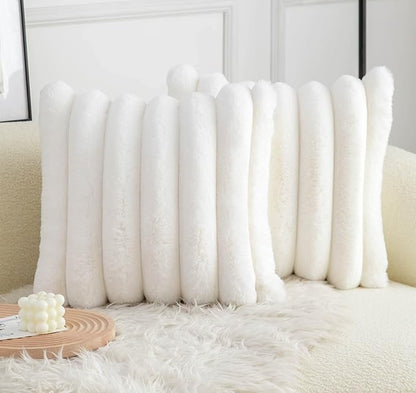 Neelvin Cream White Faux Fur Cozy Soft Striped Decorative Throw Pillow Covers 20x20 inch Set of 2,Velvet Pillowcase Cushion Case for Sofa Couch