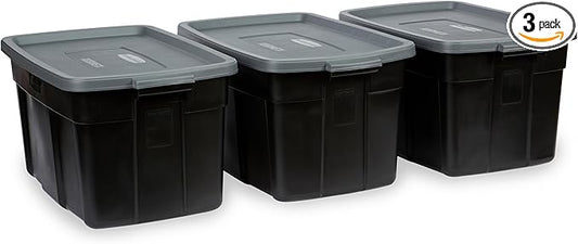 Rubbermaid Garage Storage Bins Black Plastic Stackable Storage with 3-Pack 31 GAL Capacity, Totes for Storage Home Organization Durable - Heavy Duty (31 GAL - 3 Pack Solid Black and Grey)