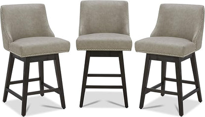 CHITA Counter Height Swivel Bar Stools Set of 3, FSC Certified Upholstered Counter Stools, Modern Swivel Barstools with Wood Legs for Kitchen Island, 26" Seat Height, Faux Leather in Stone Grey