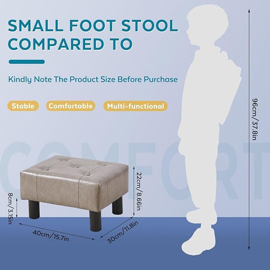 Small Foot Stool Ottoman, Faux Leather Footstool Ottoman Foot Rest for Couch, Rectangle Footstools and Ottomans Small for Living Room, Entryway and Bedroom (Gray)