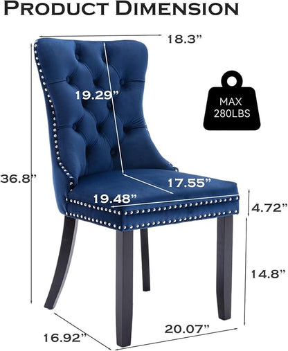 Velvet Upholstered Dining Chairs Set of 8, Modern Style Kitchen Side Chairs with Nailhead Trim and Wood Legs,Metal Pulling Ring for Dining Room Living Room(Blue)