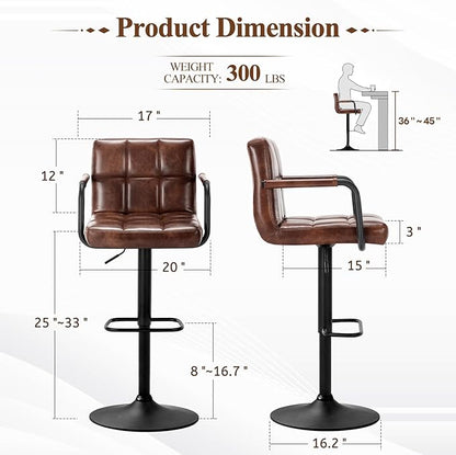 Furniliving Bar Stools Set of 2 with Back, Modern Square PU Leather Kitchen Stools with Armrest, Adjustable Counter Height Barstools for Kitchen Bar Pub Cafe (Darkbrown)