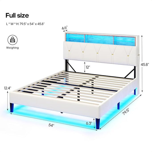 LED Full Bed Frame with Type-C & USB Charging Station, Full Size Bed Frame with Storage Headboard, Modern Velvet Upholstered Platform Bed with Shelf Headboard, Noise-Free, Creamy White