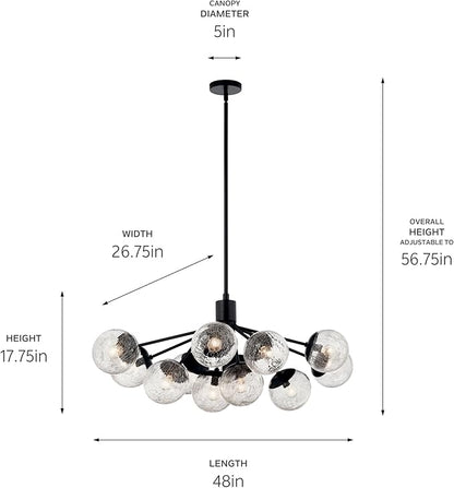 KICHLER Silvarious 12-Light Linear Convertible Chandelier, Soft Modern Light with Clear Crackled Glass in Black, for Dining Room or Living Room (17.75" x 26.75" x 48"), 52703BK