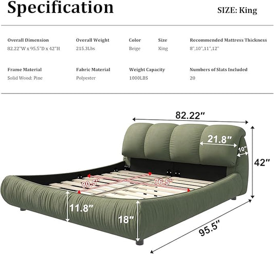 King Size Upholstered Platform Bed with Oversized Padded Backrest and Solid Wood Frame for Bedroom, Apartment Room, Green