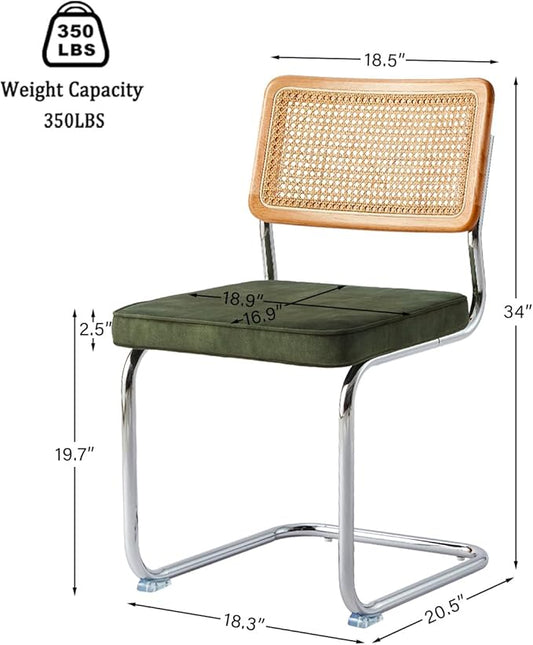 Green Rattan Dining Chairs Set of 2, Wooden Mid-Century Modern Kitchen Chairs, Mesh Back Cane Dining Room Chairs, Cesca Chair with Metal Chrome Legs
