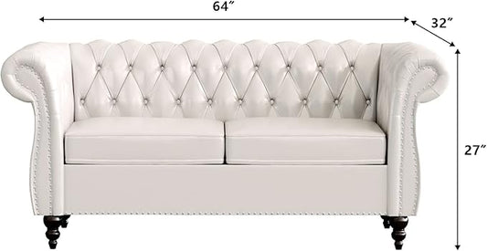LEVNARY Leather Sofa, Chesterfield Tufted Upholstered 2 Seater Couch, Modern Loveseat Couch Classic Furniture for Living Room Bedroom (Cream White)