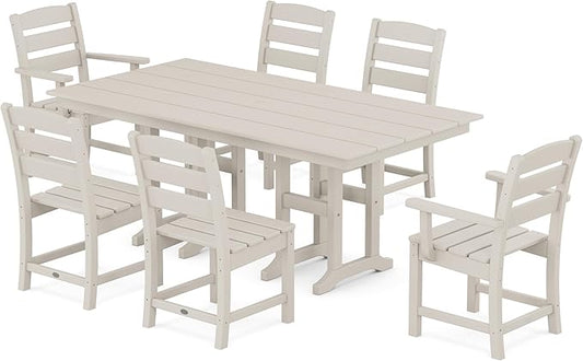 POLYWOOD Lakeside 7-Piece Outdoor Dining Set, Seats 6, HDPE Patio Furniture, Fade-Proof, Sand, Made in USA