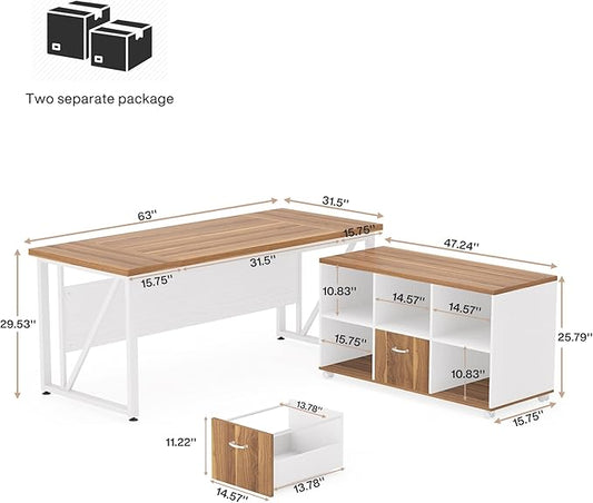 Tribesigns 63 inches Executive Desk and 47" lateral File Cabinet, L-Shaped Computer Desk Home Office Furniture Set with Drawers and Storage Shelves, Office Table with Cabinet (Walnut+White, 63)